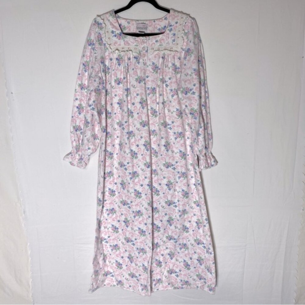 Vintage Sentiments Pink Floral Maxi Length Flannel  Long Sleeve Nightgown M